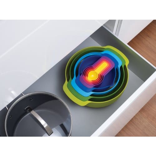 Joseph Joseph Nest 9 Plus 9-Piece Measuring Cup, Bowl, Drainer, and Measuring Spoon Set, Dishwasher Safe, Stackable, BPA-Free, Rainbow Colors [Authent