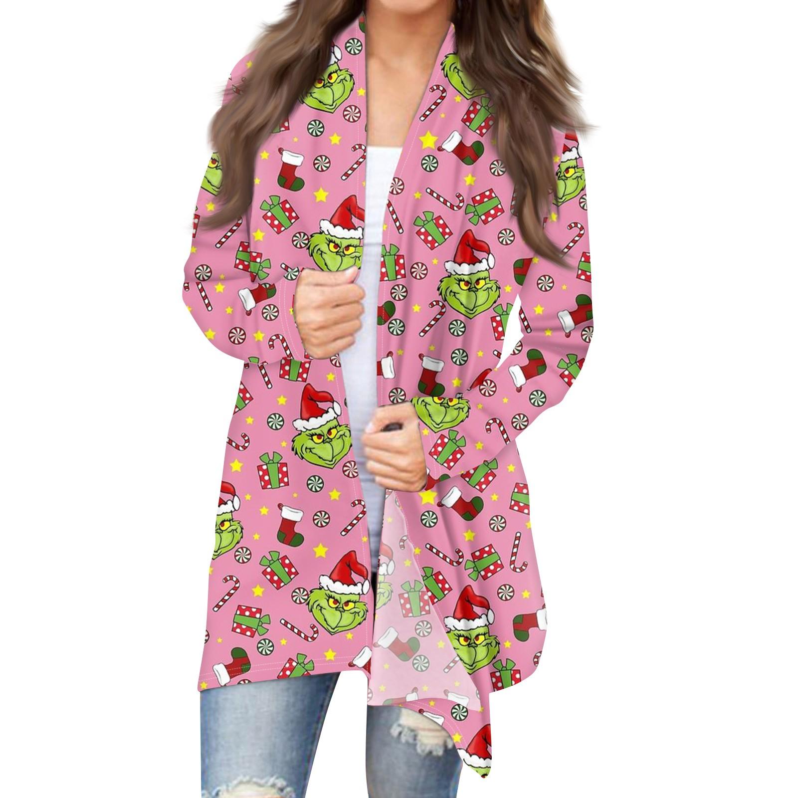 

Women s Fashion Casual Christmas Print Medium Length Cardigan Jacket Coat XXXL розовый