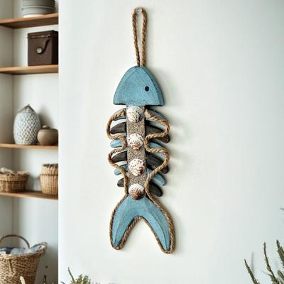 Fish Bone Wall Decoration with Hemp Rope Lanyard Easy To Hang Wall Art Wood Retro Style Pendant for Living Room Bathroom