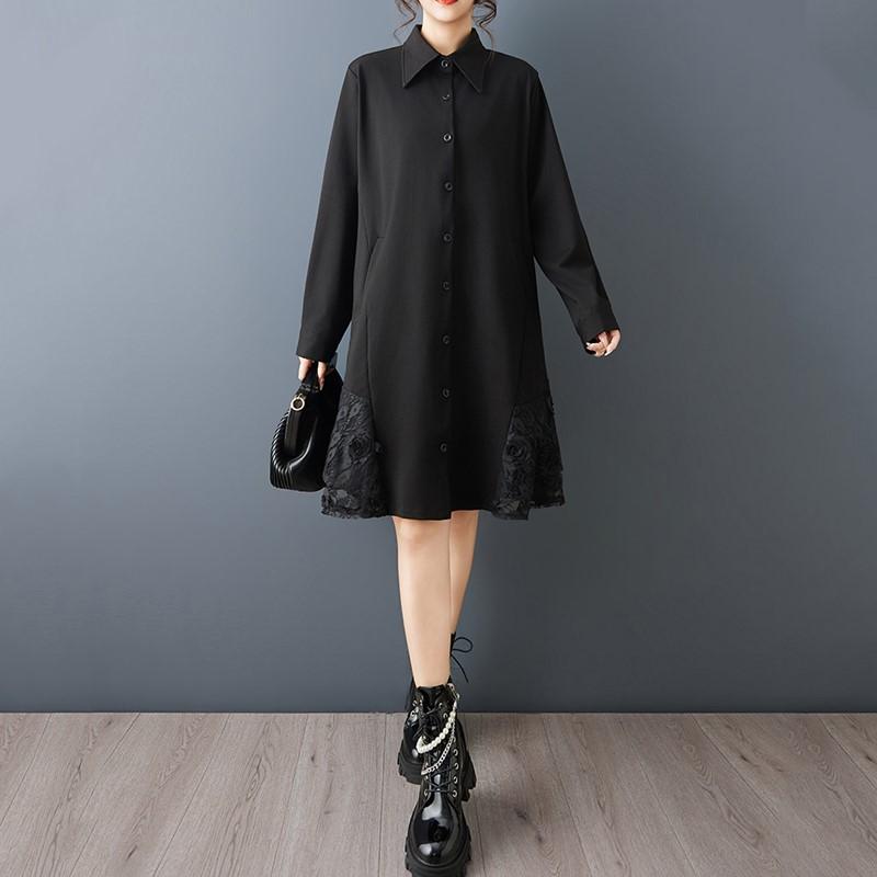 Long Sleeve Plus Size Black Vintage Floral New In Dresses for Women Casual Loose Midi Spring Autumn Shirt Dress