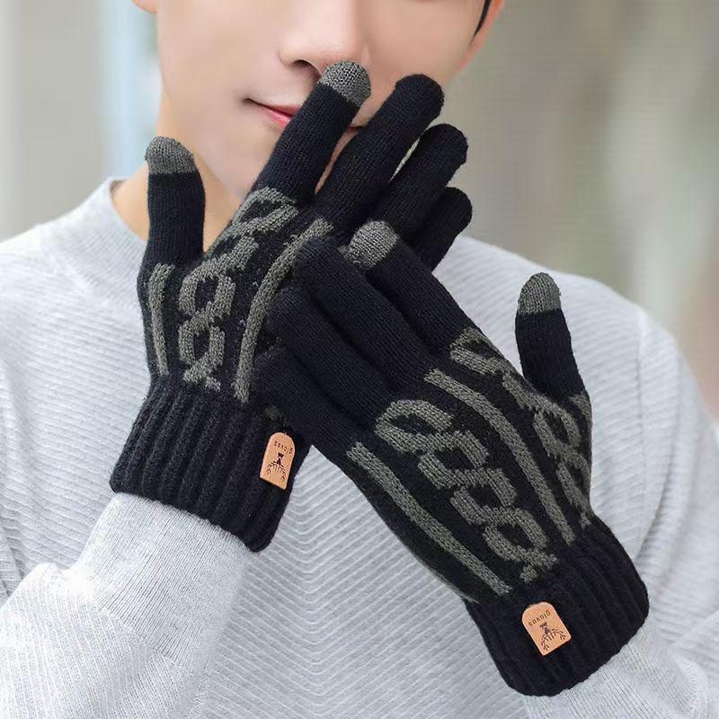 

Мужские зимние шерстяные перчатки для сенсорных экранов — толстые, с бархатной подкладкой, морозостойкие и теплые, трикотажные Two-color hemp pattern, One Size чёрный
