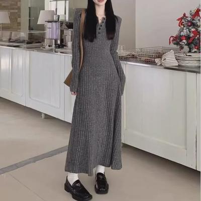Vestido de Punto Retro de Línea A para Mujer: Versátil, Adelgazante Manga Larga para Primavera, Otoño e Invierno