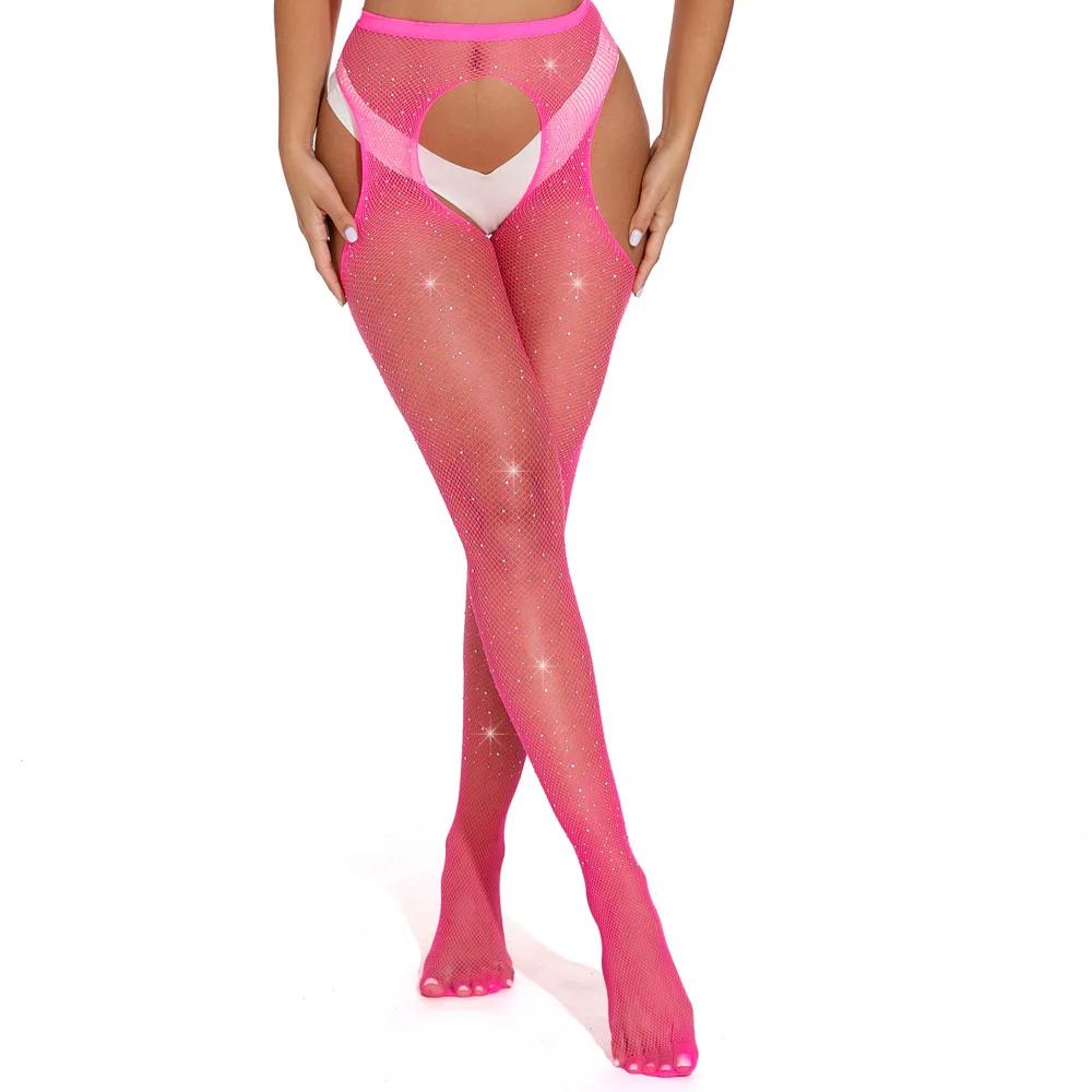 

Large Size Hollow Out Mesh Stockings Women Crystal Crotchless Pantyhose Sexy Lingerie Shiny Sexy Tights Thigh High Stockings One Size Яскраво-рожевий