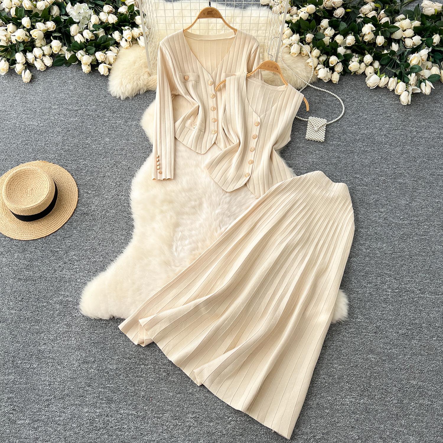 

Комплект из 3 предметов для пожилых людей Knitt Vintage, женские топы с V-образным вырезом и длинными рукавами, однобортные топы с эластичной талией, узкая юбка, теплые костюмы на осень One Size абрикосовый