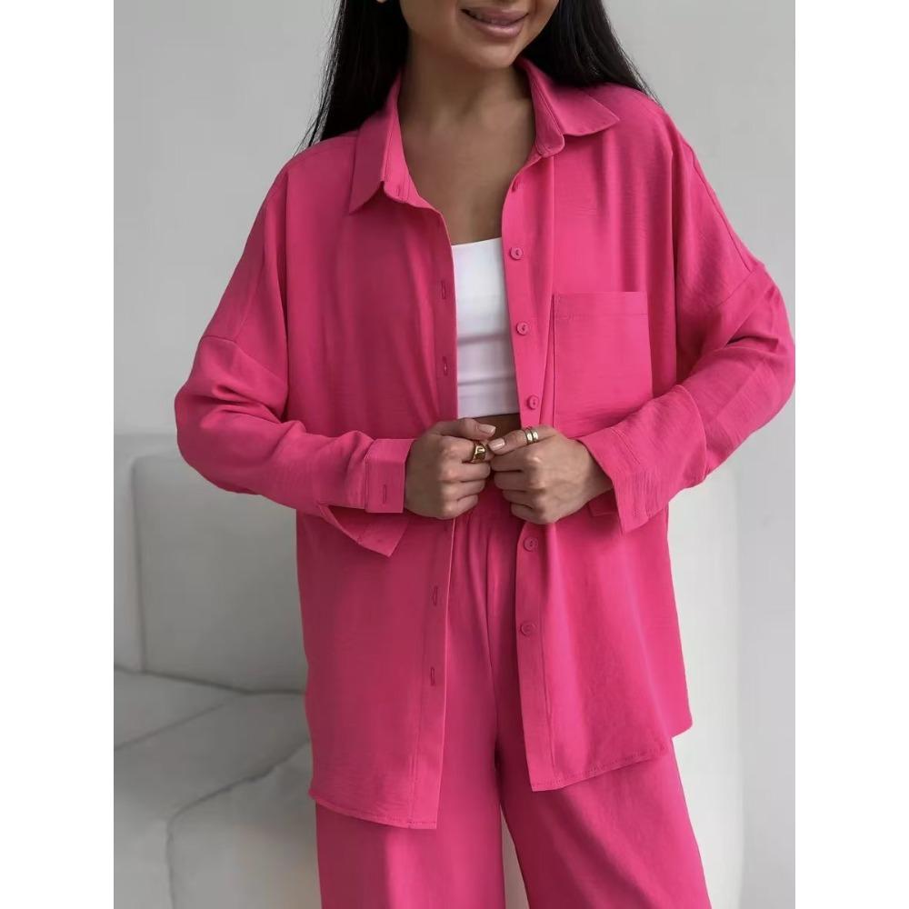 Women's Lapel Pocket Long Sleeve Button Down Shirt And Elastic Waist Wide Leg Pants Two Piece Casual Tracksuit