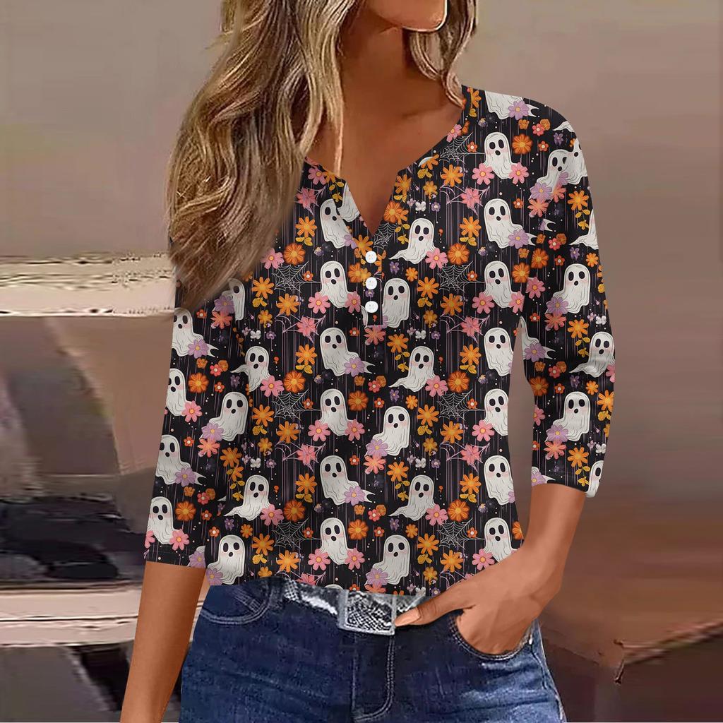 3/4 Ärmel Damen Tops Halloween Print Vintage Mode Lässig Locker Mit V-Ausschnitt Übergröße Shirts