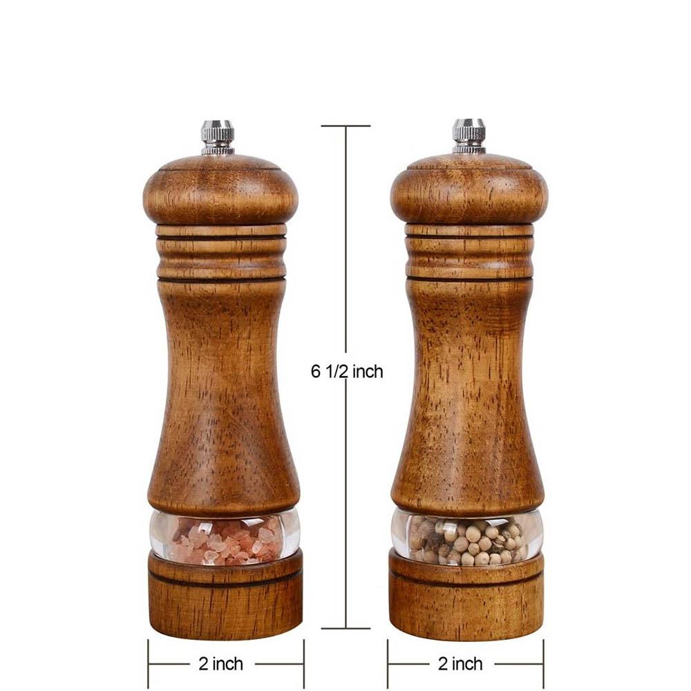 Wood Salt and Pepper Grinder Set, Manual Mills with Acrylic Window, Adjustable Ceramic Grinding - 6.5inch