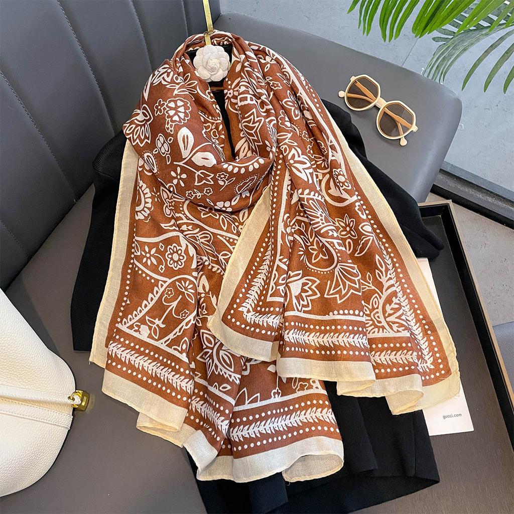 Retro Flower Printed Shawl For Women Spring Autumn Breathable Versatile Sun Protection Fashion Scarf Long Scarves Foulard