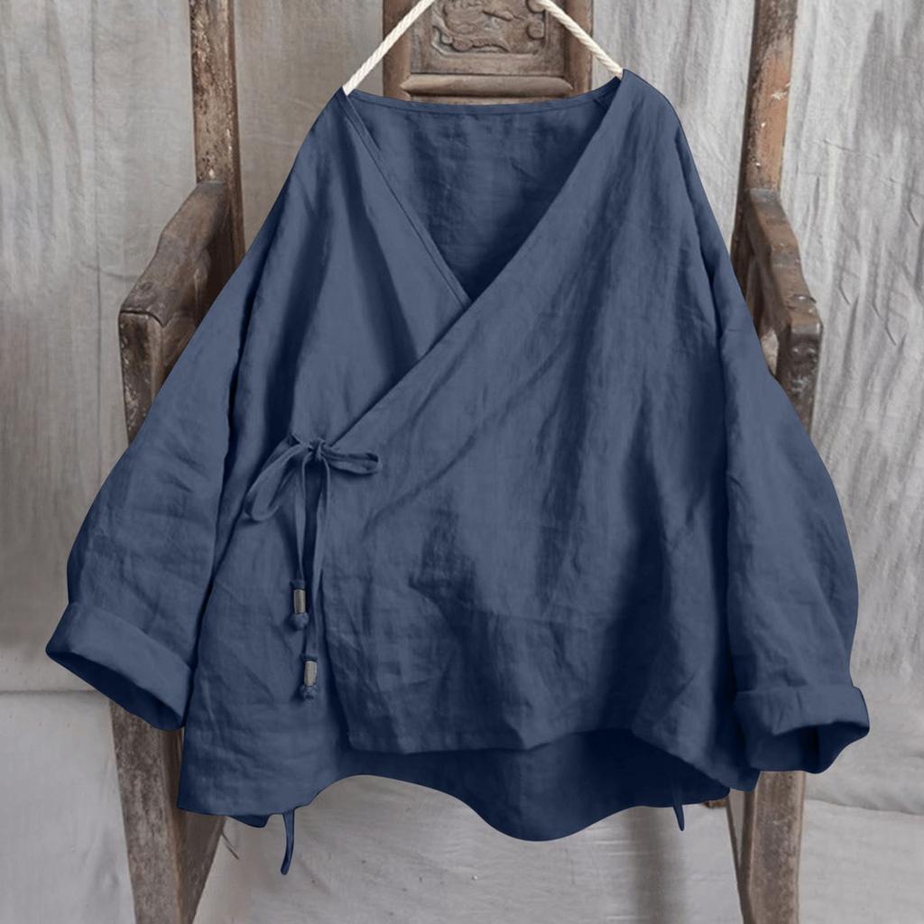 Womens Fashionable Solid Color V-neck Long Sleeved Lace Cotton And Linen Loose Shirt Top