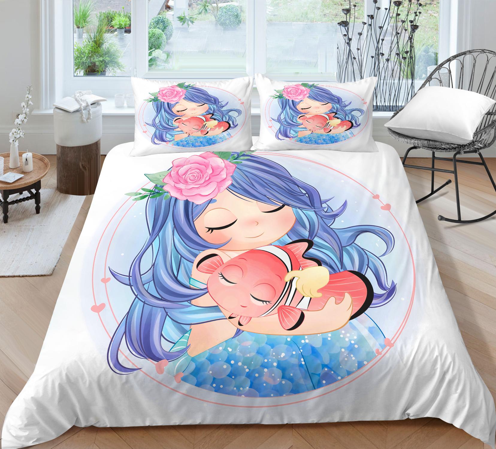 Set di biancheria da letto per la casa con motivo a sirena, copripiumino, federa per cuscino, set di biancheria da letto AU/EU/US, letto singolo/matrimoniale. Baby 100x135cm