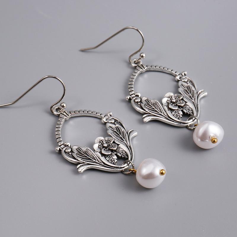 Imitation Pearl Dangle Hook Earrings Exquisite Charming Carving Leaf Flower Wedding Jewelry For Women