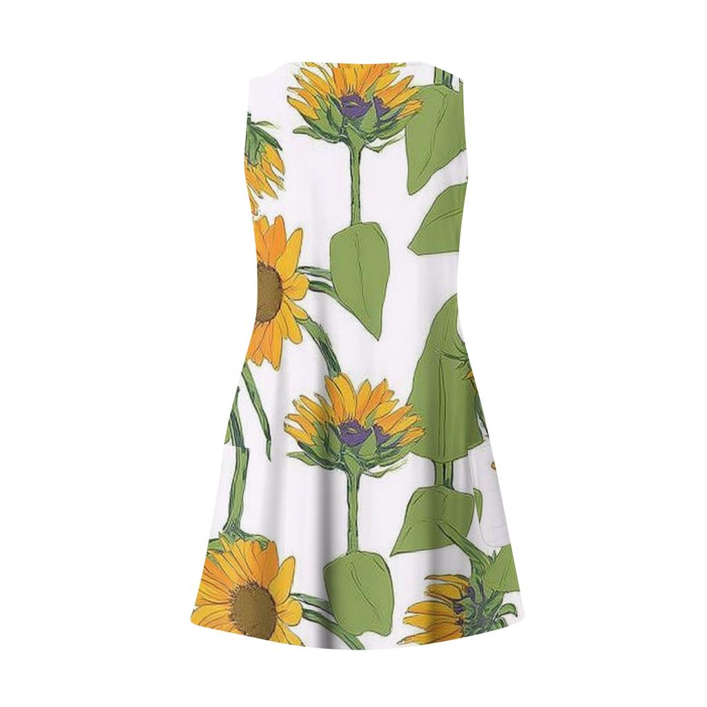 Women's Casual Fashion V-neck Sleeveless Floral Print Side Pocket Dress