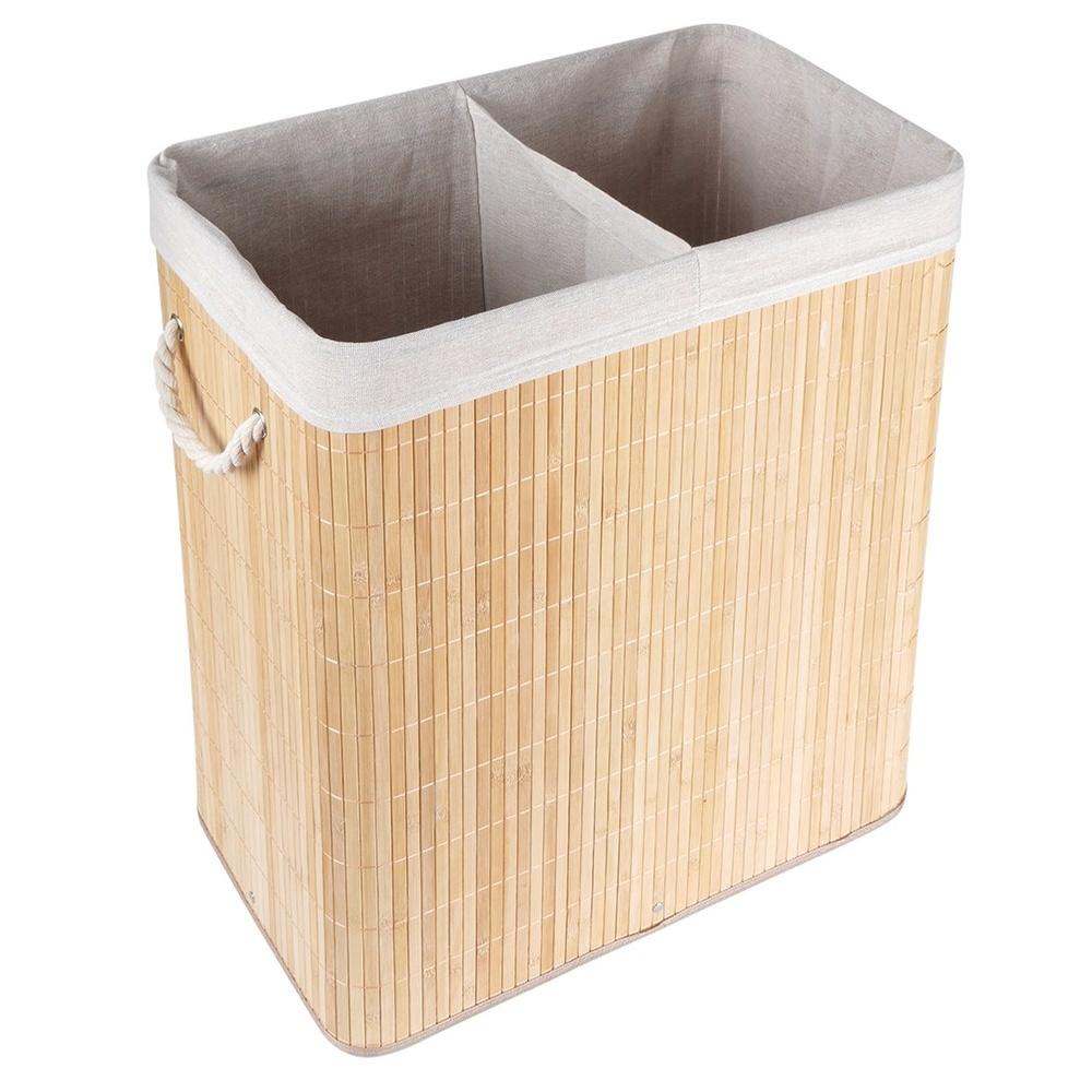 Bamboo Bathroom Laundry Basket, Double Compartment, Split, for Clothes