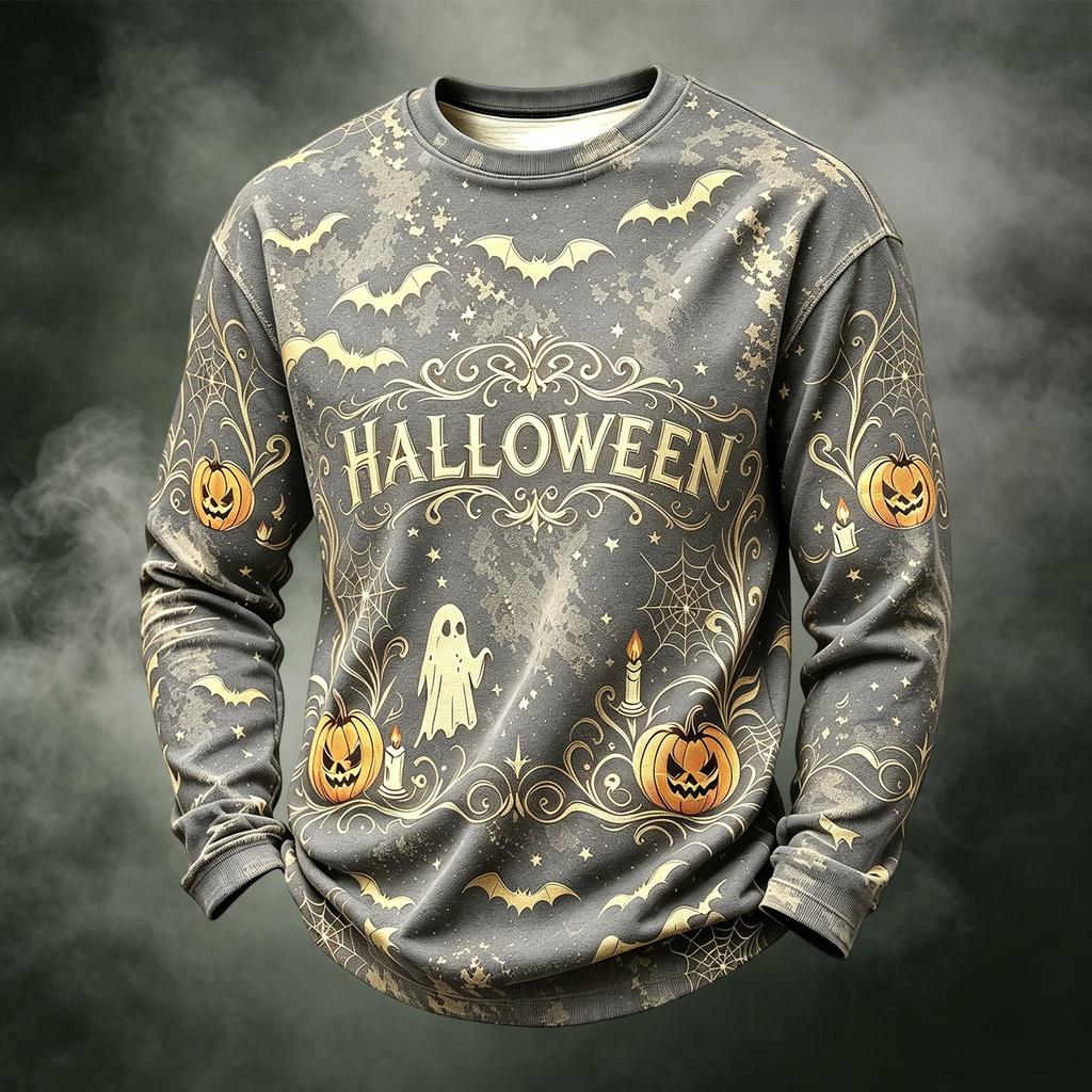 Men's Casual Knit Neck Long Sleeve Top with Halloween Print