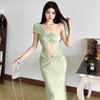 Holiday Wind Green Design Slanted Shoulder Kinked Dress Women's Summer New Lace Splicing Travel Temperament Long Dress