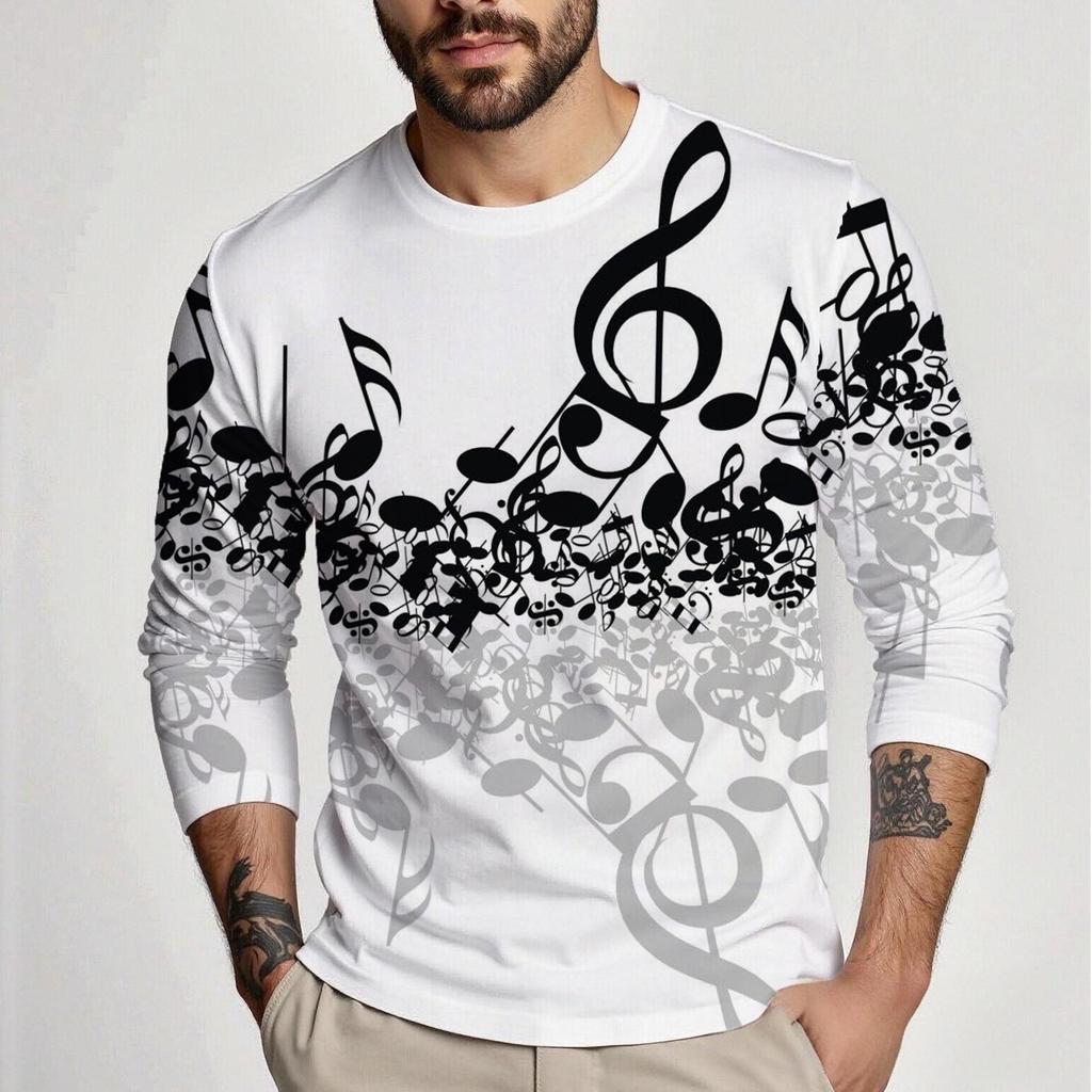Spring and Autumn Men's Long Sleeve Round Neck T-shirt Musical Note Print Comfortable All-match Men's Thin Top