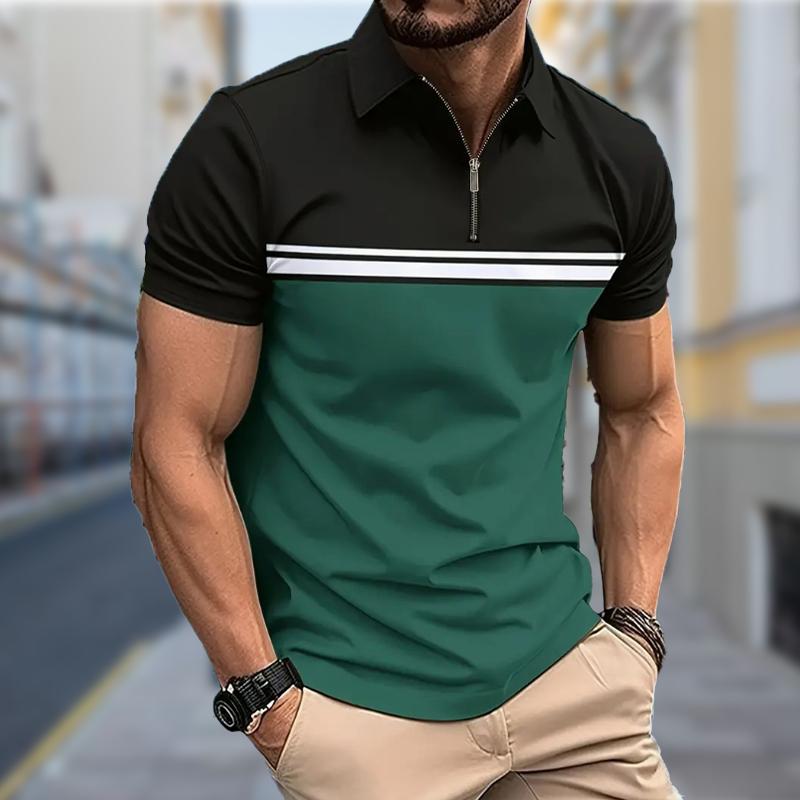 Men's Shirt Polo Casual Zip Short Sleeve Fashion Casual Zipper Summer Spring Regular Fit Leisure Splicing 3D Print Shirt