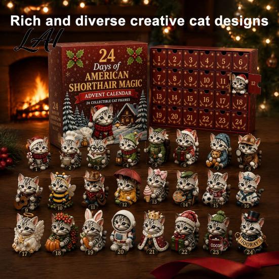 Desktop Decorative Advent Calendar Days Christmas Figurines 24 with Acrylic Cat Figurines, Countdown Small