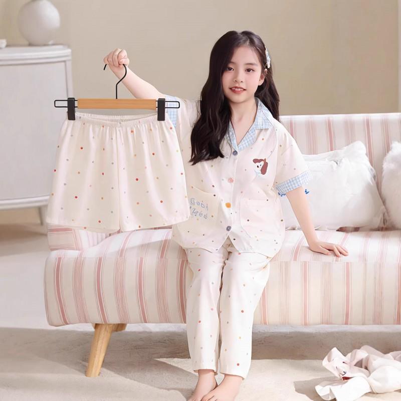 Girls Ice Silk Pajama Set Short Sleeve Long Pants Cartoon Print Comfortable Sleepwear Ages 8