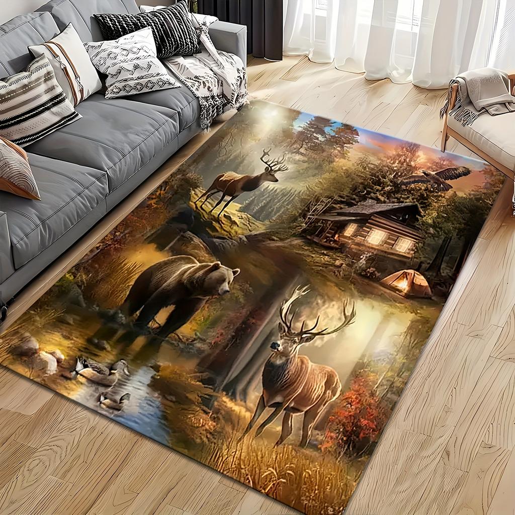 Ultra Realistic Wildlife Deer Bear Forest Scene Area Rug for Living Room Rustic Lodge Decor Hallway Floor Mat