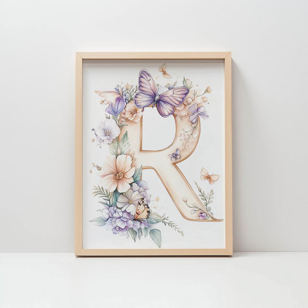 R som Glädje - Blommig Affisch R som Glädje - Blommig Affisch, 50X70 Cm, Ram av Ljust Ekträ, Matt Papper 230 Gsm