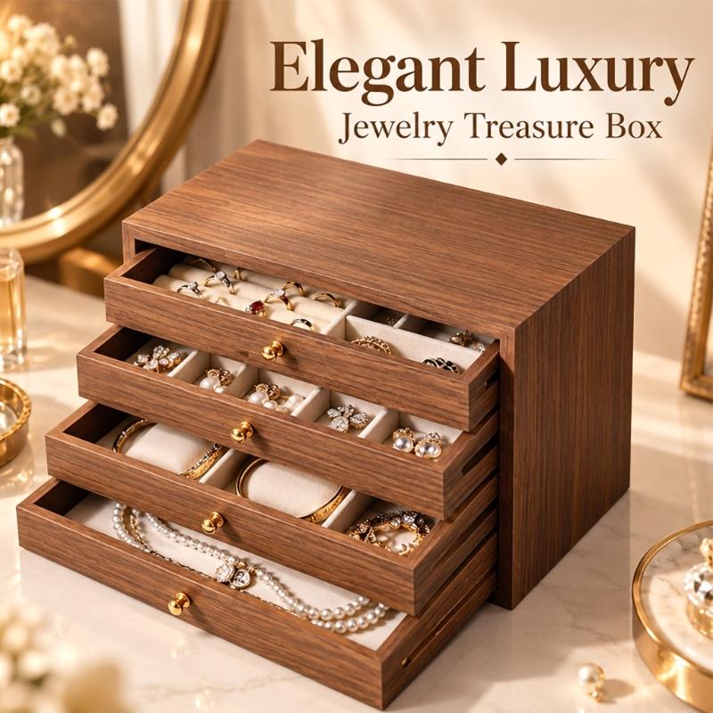 Wood Jewelry Storage Box with Sectioned Compartment Trays and Pull-Out Drawers for Vanity Storage and Tabletop Display