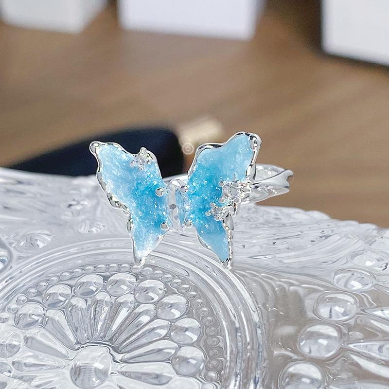 Small Fresh And Cool Butterfly Blue Enamel Dripping Oil Opening Ring Niche Light Luxury High-End Feeling Stacked Ring Woman Adjustable opening