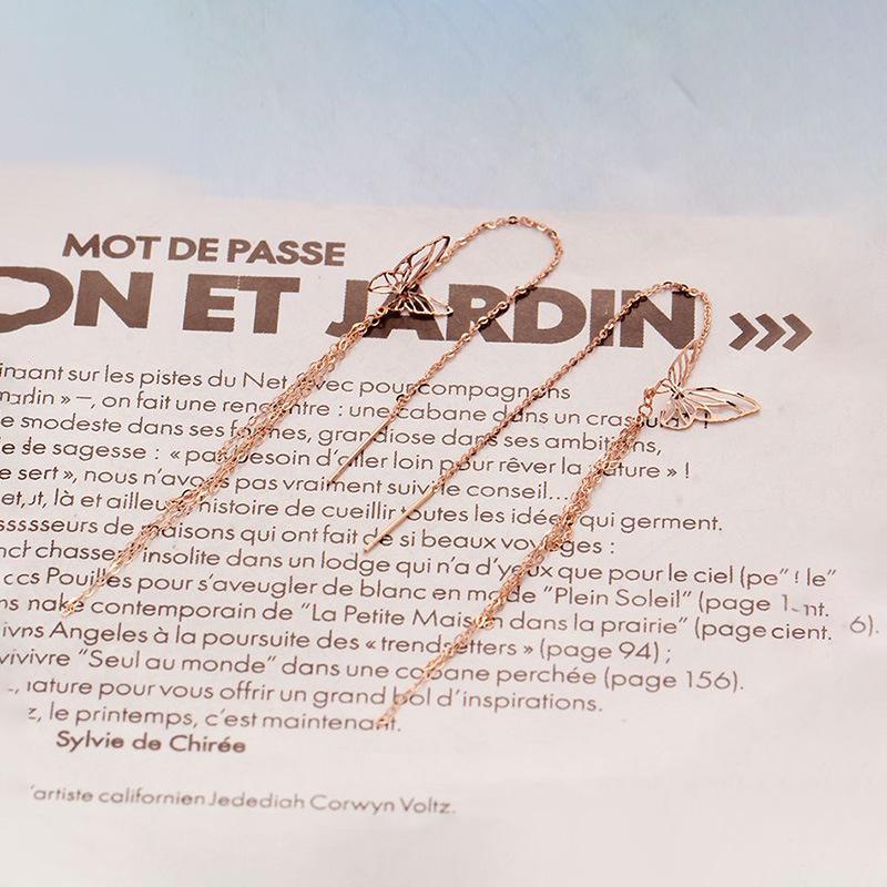 Exquisite Russian Purple Gold Car Flower Butterfly Earrings, Simple And Sweet Rose Gold-Plated Long Fringed Earrings Jewelry (rose gold plated pair)