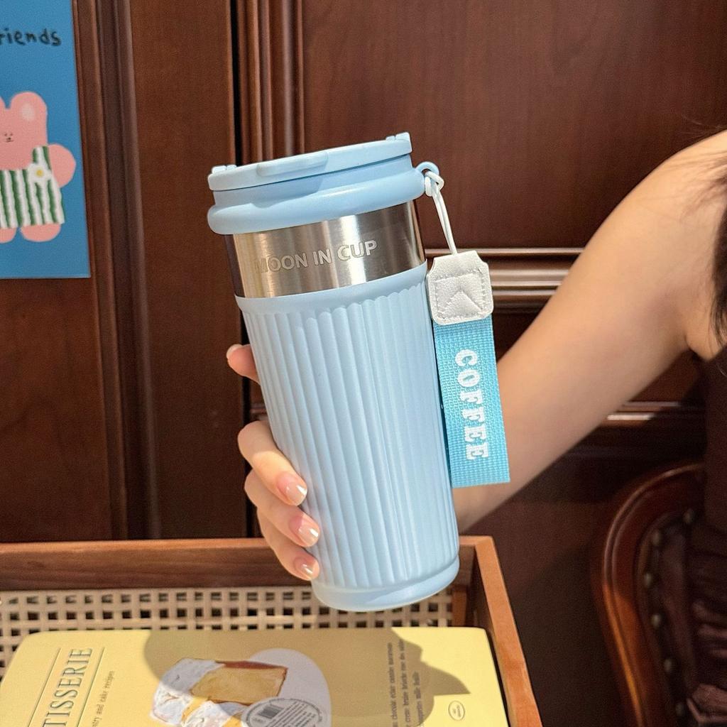 Striped Coffee Thermos Cup Portable Stainless Steel Coffee Cup Going Out Straw Water Cup Women's New High-value Cup
