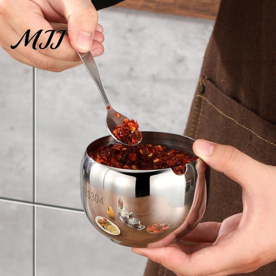 Refillable Condiment Jars 304 Stainless Steel Spice Jar Set, Seasoning Container with Glass Lid & Spoon, Rustproof Kitchen Salt Sugar
