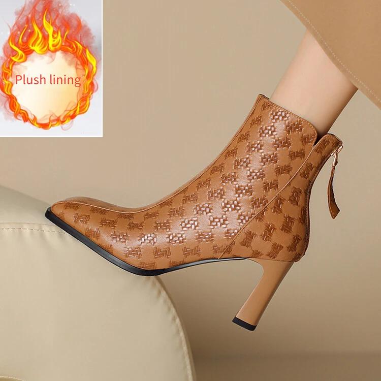 Fashion Genuine Leather Zipper 7.5cm High Heels Women's Short Boots Winter Black Beige Cowhide/sheepskin Short Plush Warm Women Boots 43