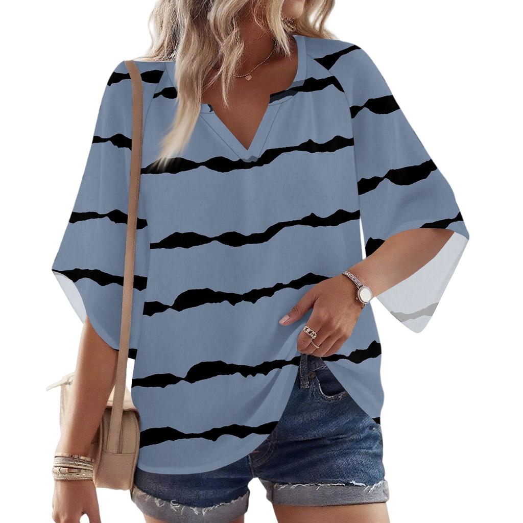 Women's 3/4 Sleeve V Floral Shirt Casual Loose Tunic Top