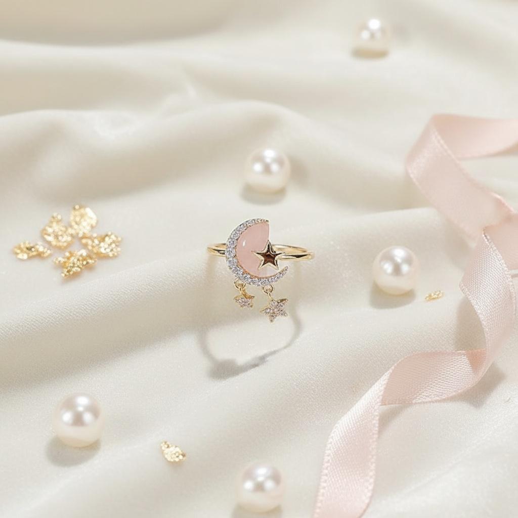 Zircon open moon ring, adjustable artificial pearl ring, zircon open ring, fashionable party jewelry