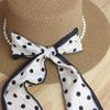 Straw hat summer sun hat elegant polka dot streamer pearl flat top hat travel small fresh sun hat