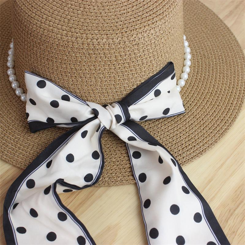 Straw hat summer sun hat elegant polka dot streamer pearl flat top hat travel small fresh sun hat