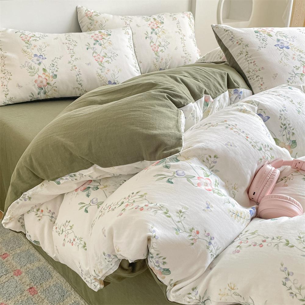 Pure Cotton Class A Maternal And Infant Grade Double-Layer Yarn Four-Piece Set, Summer Breathable Small Floral Dormitory Can Be Washed Without Pilling