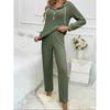 Damen Hausanzug Set Lässige Mode Rippstrick Gebürstet Langarm Kapuzen-Knopf-T-Shirt Hose
