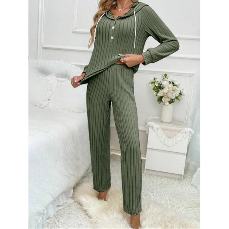 Damen Hausanzug Set Lässige Mode Rippstrick Gebürstet Langarm Kapuzen-Knopf-T-Shirt Hose