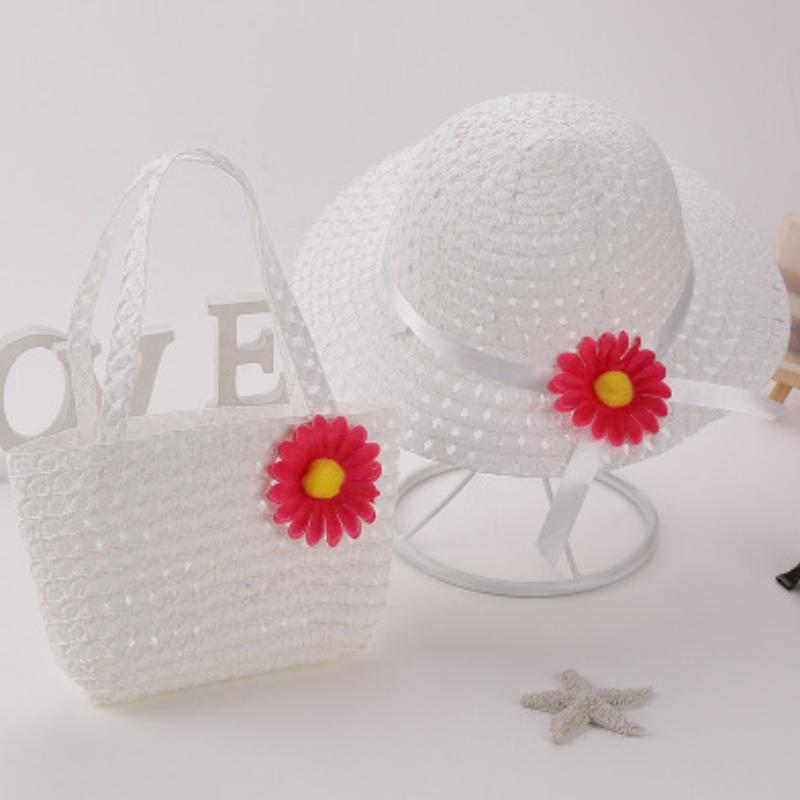 Kids Charm Princess Straw Baby Girl Sun Beach Hat Flower Cap & Handbag Lovely Summer