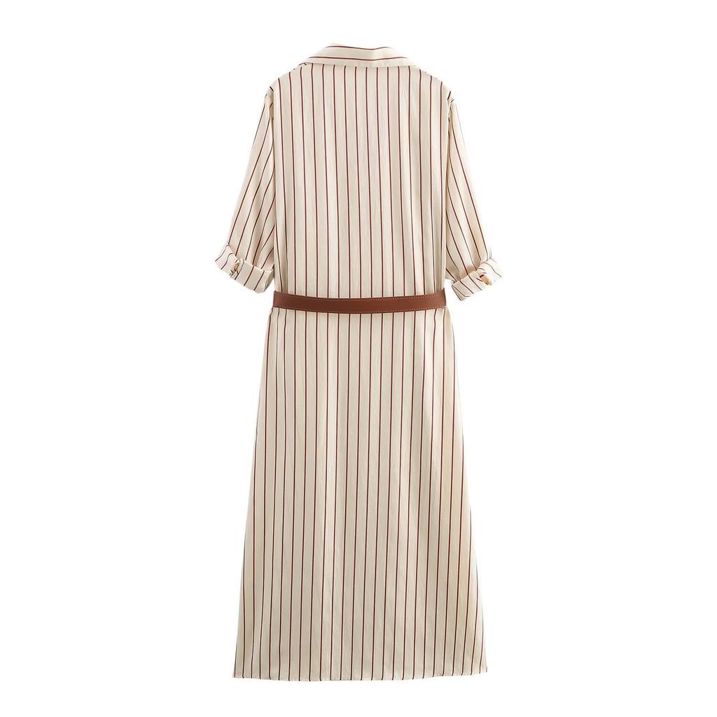 Spring New Women's Clothing Temperament Slim Fit with Belt Striped Printed Lapel Midi Dress
