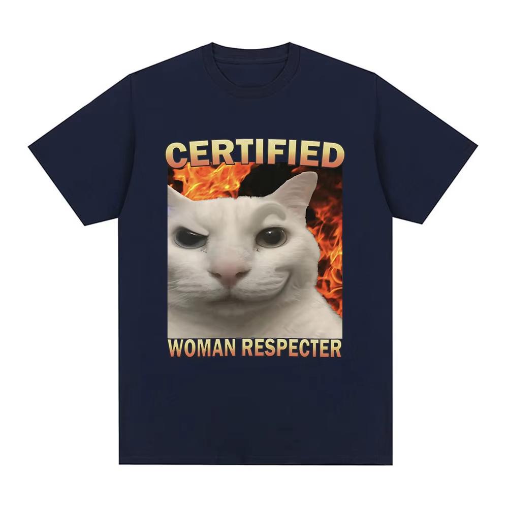 2026 SpringSummer Certified Feminine Respecter Funny Cat Emoticon Mens and Womens Fashion Retro TShirts