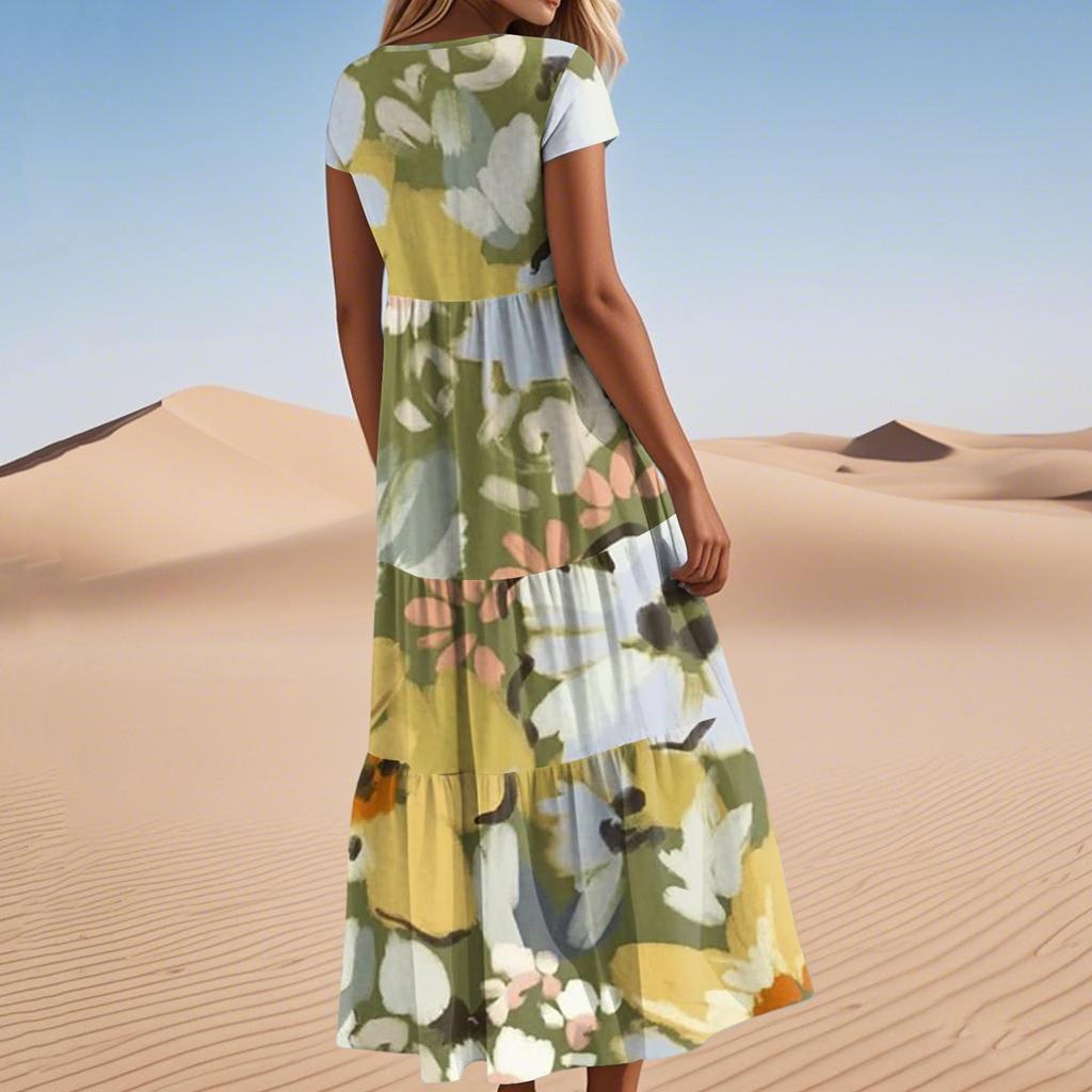 Women's Summer Fashion V-Neck Beach Long Short Sleeve Floral Printed Dresses