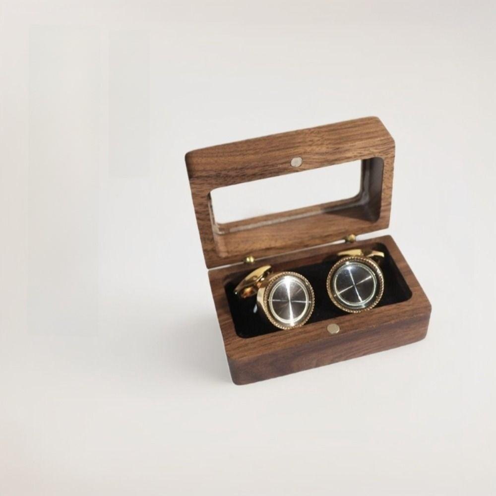 Rectangular Black Walnut Cufflinks Box Double Slot Jewelry Ring Holder Wooden Ring Box Couples