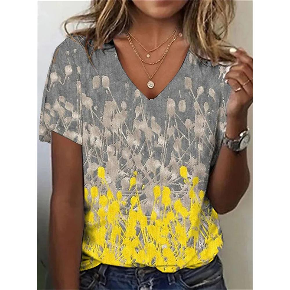Flower Floral 3D Print T-Shirts Women Streetwear Summer Harajuku T Shirt Y2k Tops V-Neck Tees Woman Female Oversized Clothing