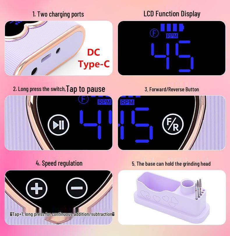 Rechargeable 45,000 RPM Nail Grinder - Low Noise, Professional Cuticle Remover