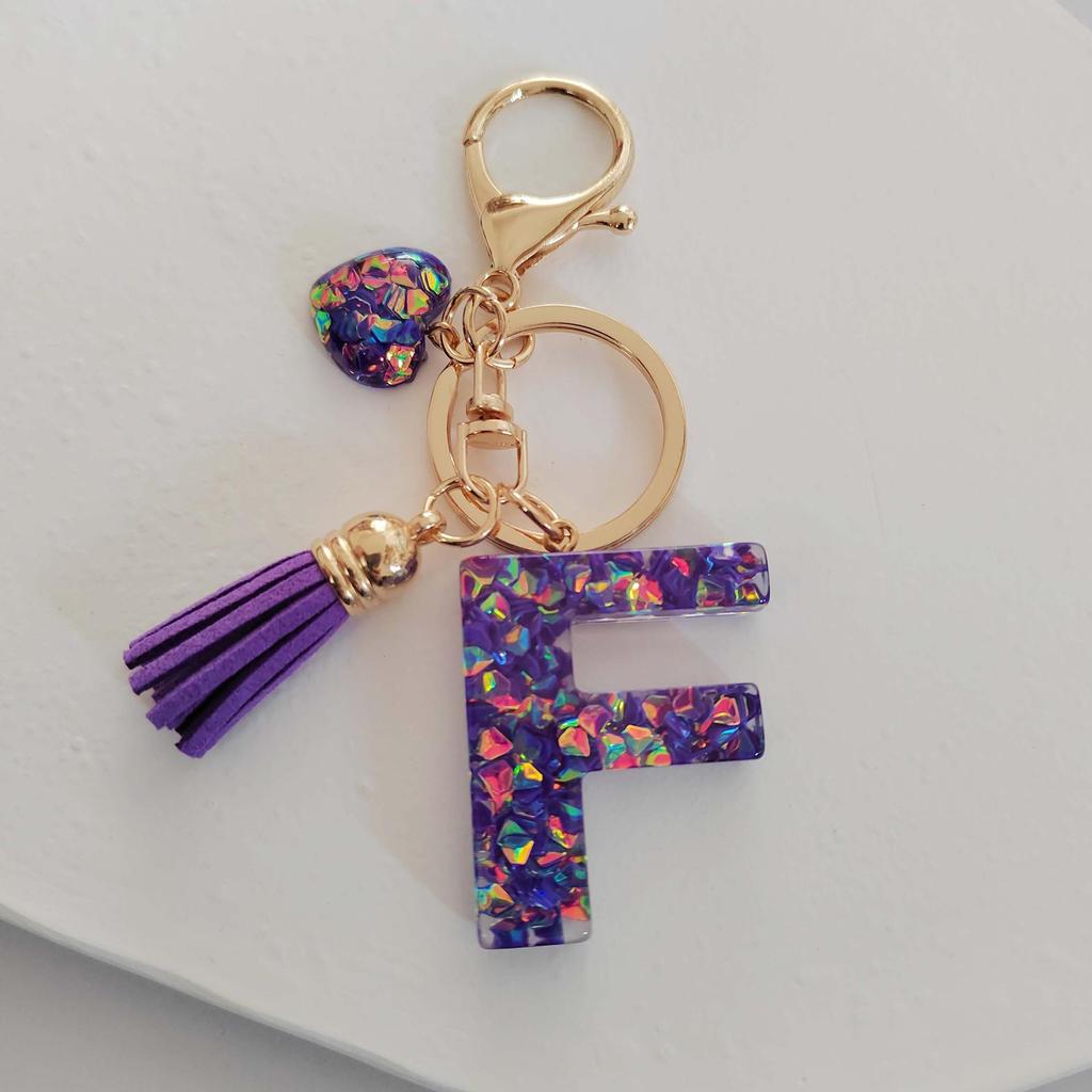 Candy Color Sequin Letter Keychain with Iridescent Heart and Tassel Charm