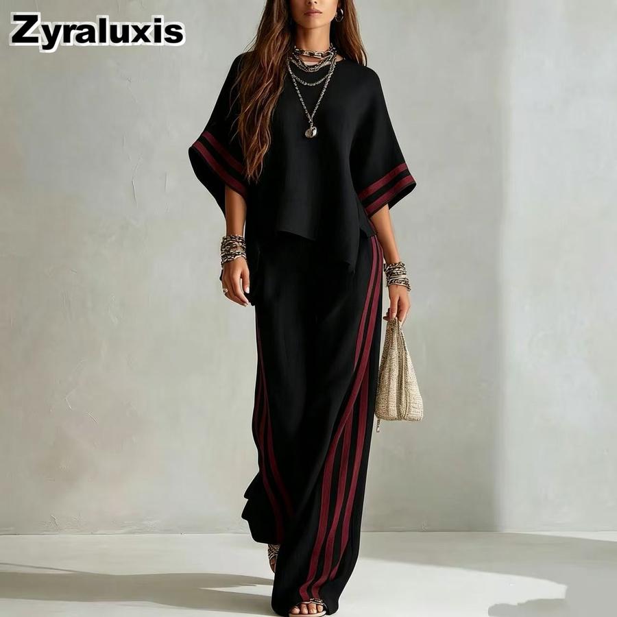 Summer New Women's Striped Patchwork Irregular Hem Casual Wide Leg Pants Two Piece Set