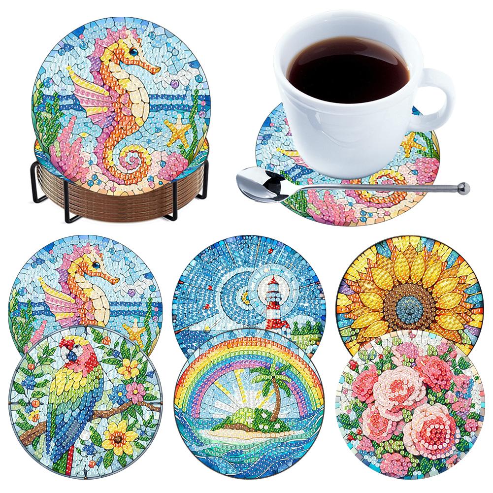 6Pcs/Set Diamond Painting Coasters with Holder DIY Diamond Art Coaster Set Wooden for Beginners Adults Art Craft Supplies