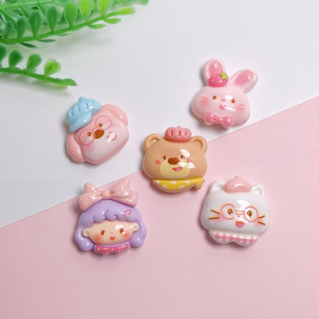 Bulk 100Pcs/Lot Lovely Strawberry Rabbit Cat Dog Bear Bowknot Girl Head Flatback Resin Cabochons No Hole Beads for Jewelry DIY