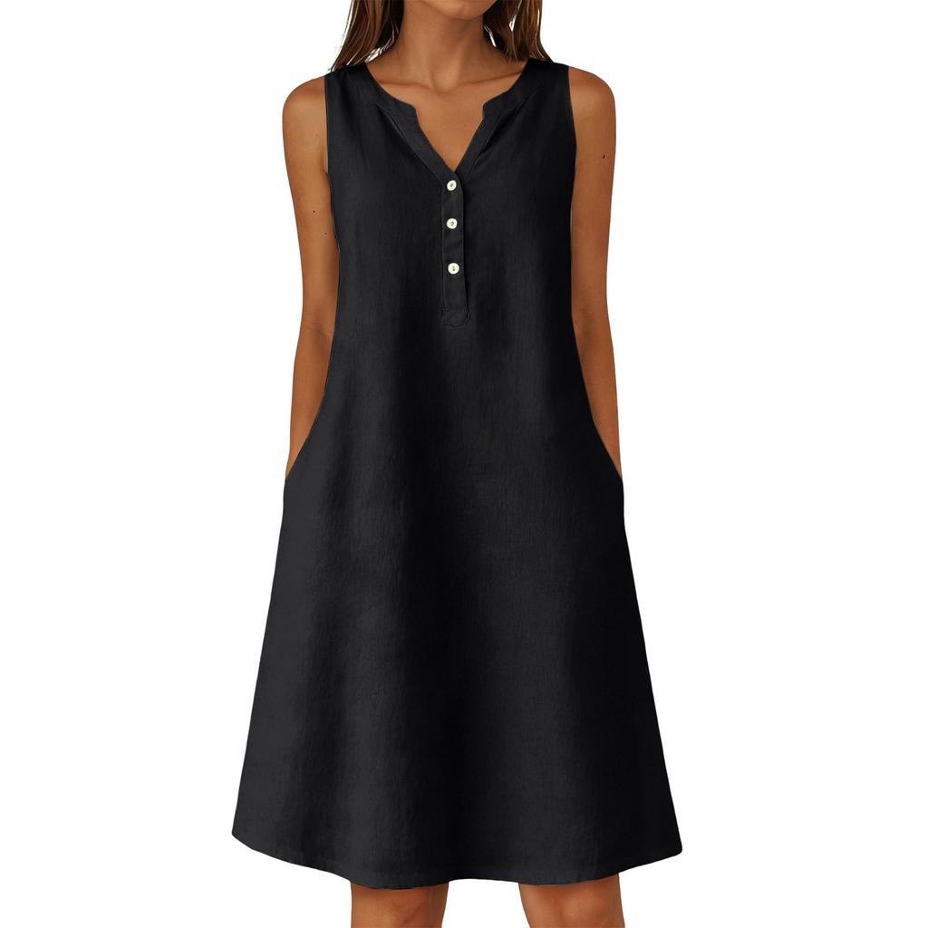 Women's Summer Casual V-neck Button Color Sleeveless Long Dress With Pockets